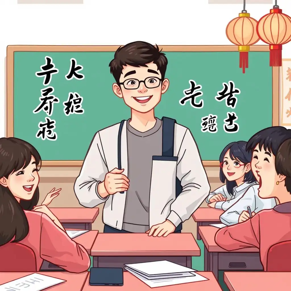 A foreign student confidently communicates with his Chinese teacher and classmates in the classroom.